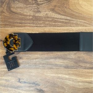 Inc / Black Leather and elastic belt w/ gold + tortoise enamel buckles /Size M/L